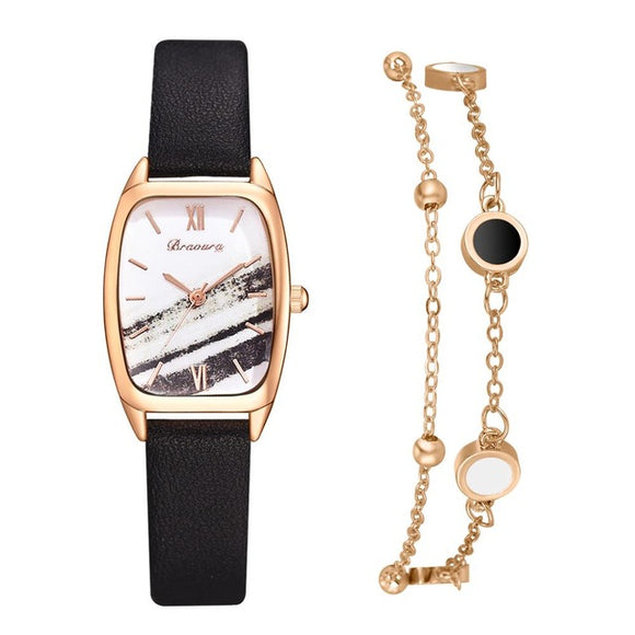 Montre De Luxe Femmes  En Cuir Cadran En Marbre + Bracelet